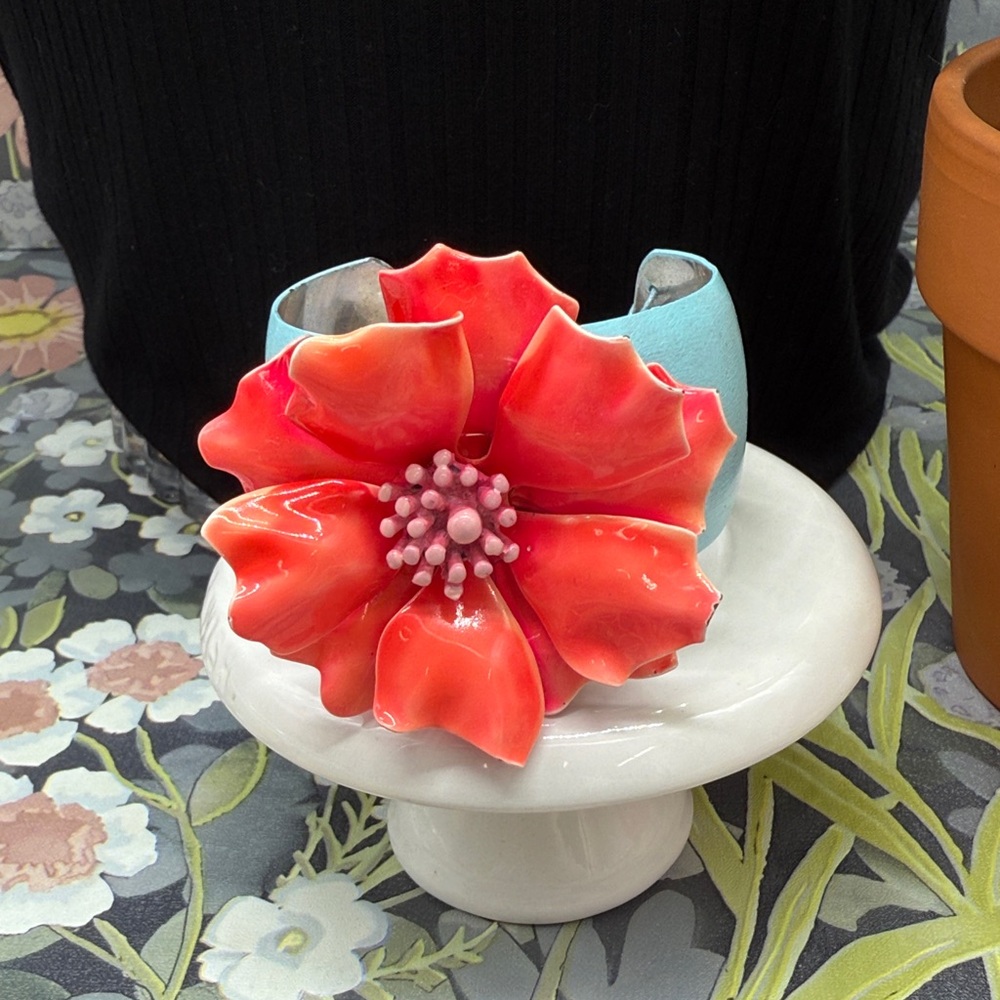 ⭐️Adorned Crown Jewelry assemblage enamel salmon flower on teal cuff bracelet